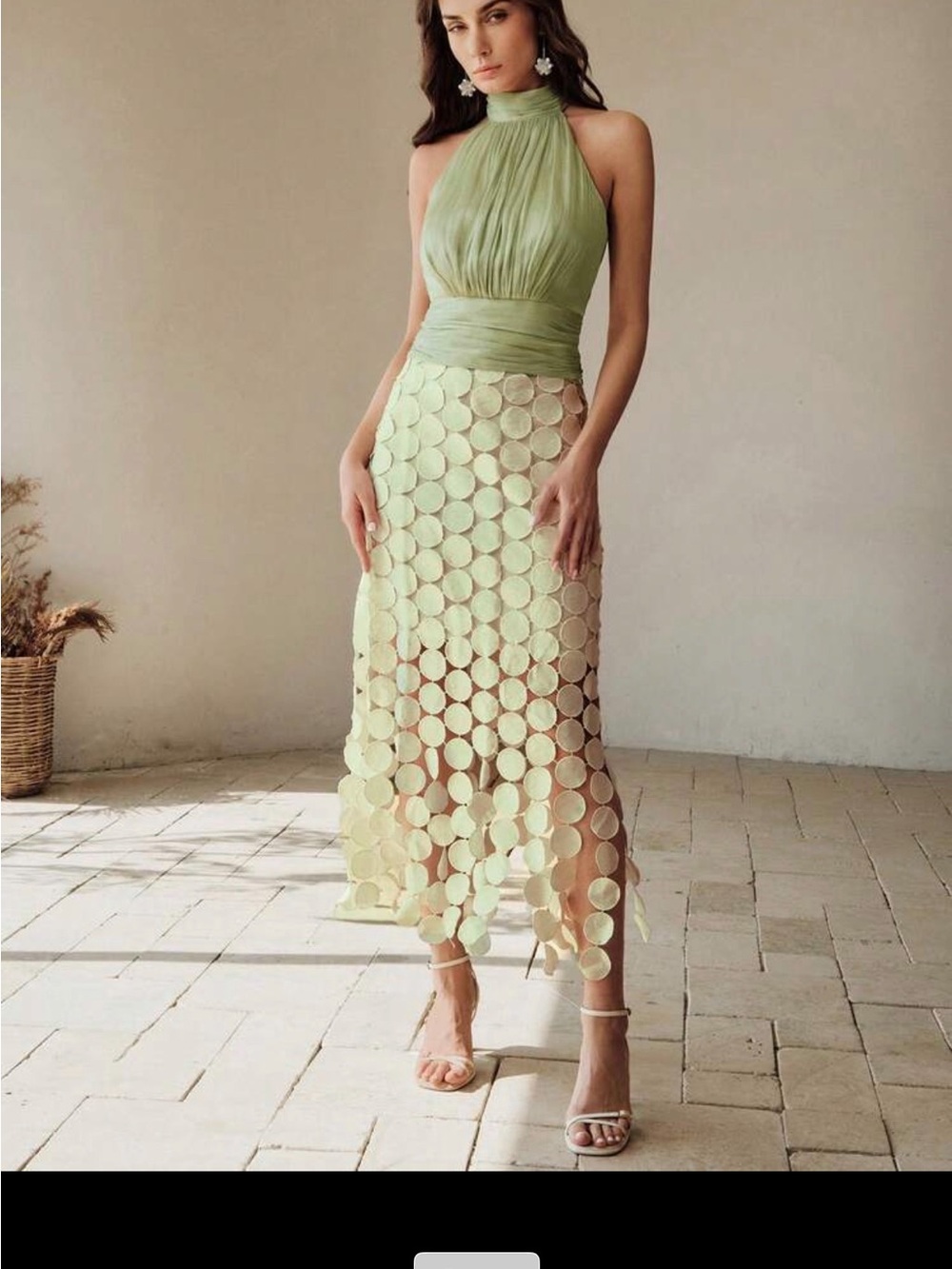Anewsta Green Halter top Midi Skirt - Elegant Circles, two piece set